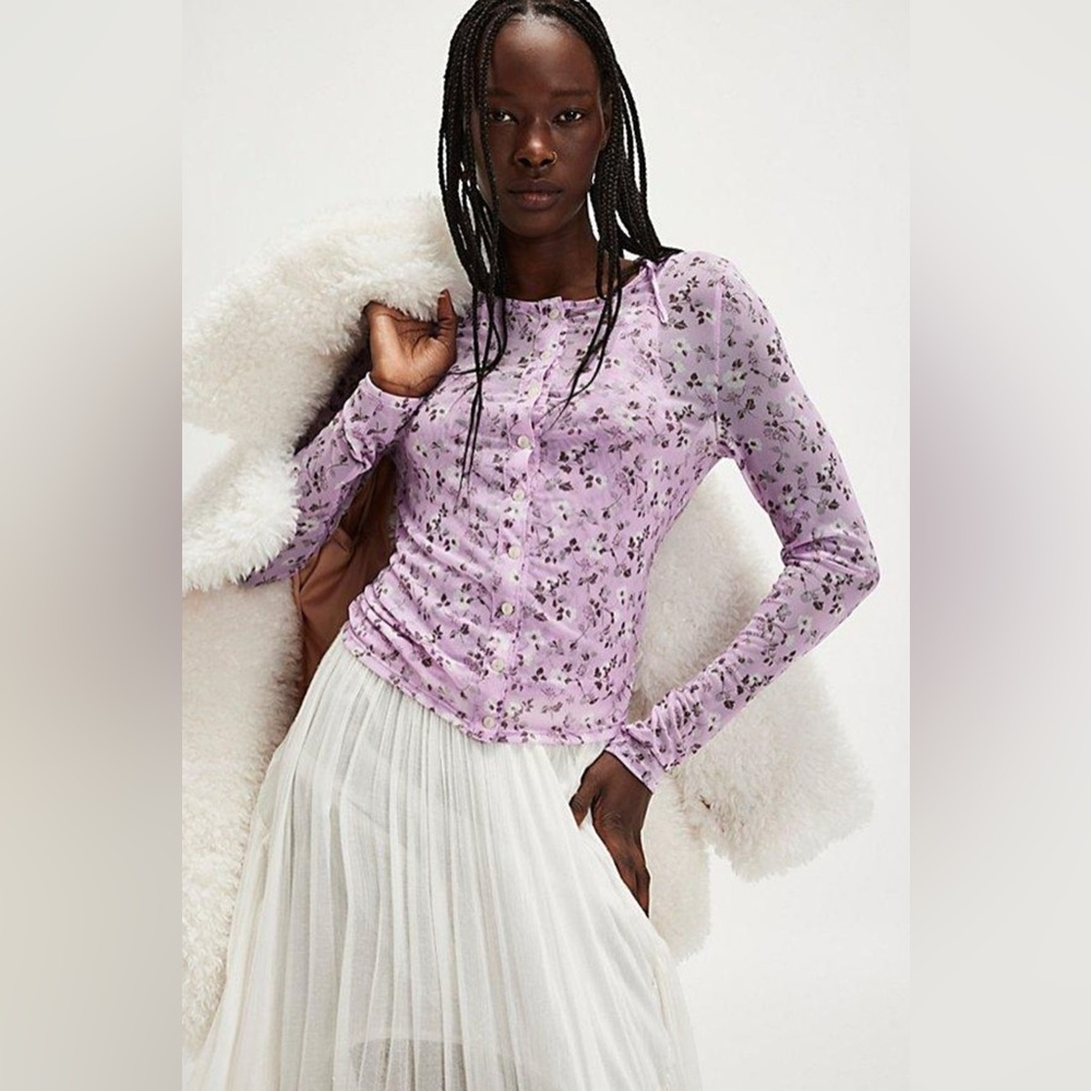Free People Floral Lavender Long Sleeve Top